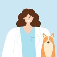 Lycklig veterinär med en Lycklig hund. djur- vård vektor illustration. platt stil. afrikansk flicka veterinär läkare. värld veterinär dag.