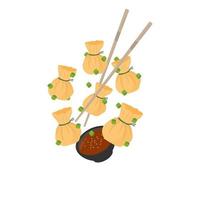 Logo Illustration von gebraten dim Summe Geld Tasche Knödel bereit zu Essen mit Soße vektor