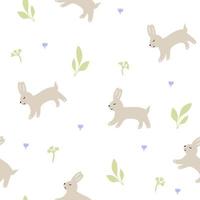 sömlös mönster med kanin silhuett och löv på vit bakgrund, anbud vår skriva ut för tapet, omslag design, förpackning, semester dekor, barn mode, baby illustration vektor