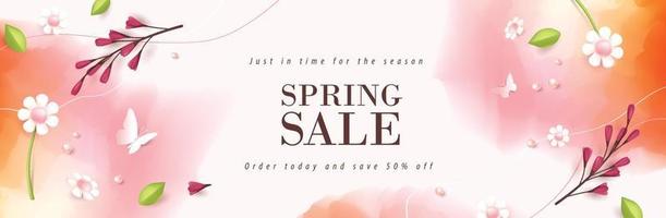Frühling Verkauf Header oder Banner Design Beförderung Layout mit frisch blühen Blumen und Schmetterling Elemente vektor