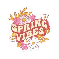 retro slogan vår vibrafon, med hippie blommor. färgrik vektor illustration och text i årgång stil.