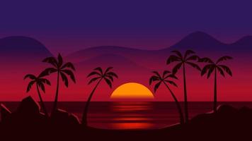 schön Ruhe Ozean Sonnenuntergang mit Felsen und Palme Bäume im das Strand vektor