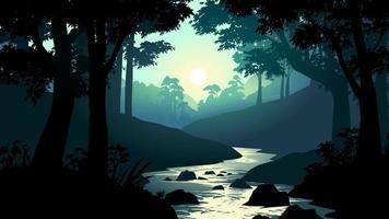 nebelig Morgen im schön Wald. Fluss im Dschungel. Sonnenaufgang Landschaft im Wald vektor
