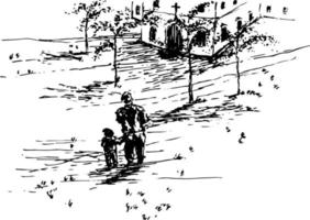 hand dragen vektor natur illustration med en man och barn gående till de kyrka