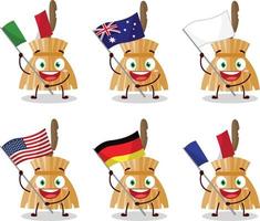 häxa kvast tecknad serie karaktär föra de flaggor av olika länder vektor