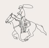 minimalistisch Cowboy Linie Kunst, Pferd Fahrer Lasso, einfach zu Pferd skizzieren, Texas Reiten Zeichnung, wild Westen Western, Rodeo vektor