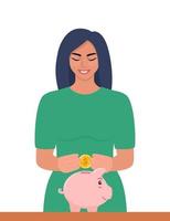 ung kvinna sätta en guld mynt in i en nasse Bank. pengar sparande, ekonomi begrepp. vinst, inkomst, förtjänst, budget, fond. vecor illustration. vektor