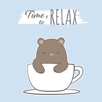 niedlicher Teddybär, der in der Kaffeetasse-Cartoon-Gekritzelkarte sitzt vektor