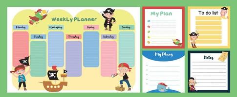 wöchentlich Planer Hintergrund zum Kinder mit süß Piraten. Vektor Vorlage zum Agenda, Planer.