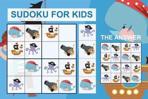 sudoku ark för ungar. utbildning kalkylblad för barn. tryckbar pussel spel för förskola. söt och rolig tecknad serie tecken. vektor illustration.