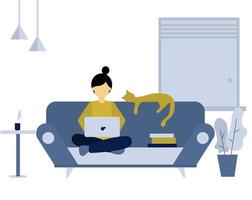 Flacher Illustrationsentwurf einer Frau, die von zu Hause aus auf einem Sofa sitzt und Fernarbeit mit ihrem Laptop tut. freiberuflich tätig, von zu Hause aus arbeiten und Online-Studienkonzeptillustration. vektor