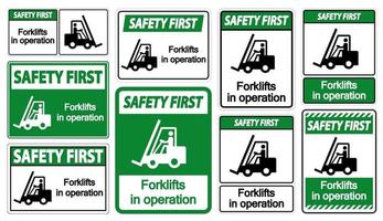 säkerhet första gaffeltruckar i drift symbol tecken isolera på transparent bakgrund, vektorillustration vektor