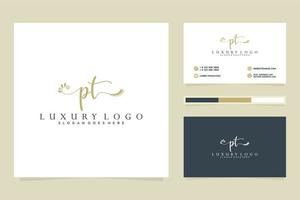 första pt feminin logotyp samlingar och företag kort mall premie vektor