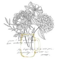 Strauß. Frühling Blumen und Zweige. Pfingstrosen, Hortensie, Rose. Jahrgang botanisch Illustration. schwarz und Weiß einstellen von Zeichnung Kornblumen, Blumen- Elemente, Hand gezeichnet botanisch Illustration. vektor