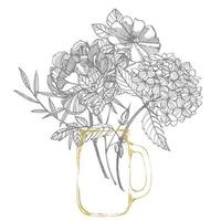 bukett. vår blommor och kvistar. pioner, hortensia, reste sig. årgång botanisk illustration. svart och vit uppsättning av teckning blåklint, blommig element, hand dragen botanisk illustration. vektor