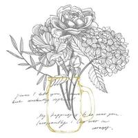 Strauß. Frühling Blumen und Zweige. Pfingstrosen, Hortensie, Rose. Jahrgang botanisch Illustration. schwarz und Weiß einstellen von Zeichnung Kornblumen, Blumen- Elemente, Hand gezeichnet botanisch Illustration. vektor