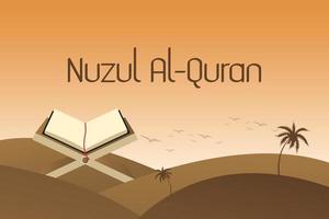 Nuzul al-Koran Gruß Karte. islamisch Stechpalme Tag zum Muslim Gemeinschaft Feier mit und gezeichnet Jahrgang Design. vektor