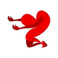 de hjärta är på dess knäna. ritad för hand tecknad serie karaktär i de form av en hjärta. vektor illustration isolerat på en vit bakgrund.