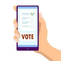 manlig hand innehav smartphone med rösta knapp. röstning papper på telefon skärm. politisk val kampanj. röstning uppkopplad begrepp vektor