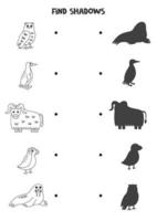 finden das richtig Schatten von schwarz und Weiß Arktis Tiere. logisch Puzzle zum Kinder. vektor