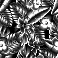 Jahrgang monochromatisch Laub nahtlos Muster mit tropisch Monstera Palme Blätter und abstrakt Blumen Pflanze auf dunkel Hintergrund. Blumen- Hintergrund. exotisch tropisch Hintergrund. Sommer- Design. Herbst vektor