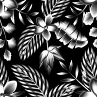 monochromatisch Hintergrund nahtlos Muster mit Jahrgang tropisch Banane Palme Blätter und Blumen- Pflanzen Laub auf dunkel Hintergrund. Blumen- Hintergrund. exotisch Hintergrund. Sommer- Design. Natur Hintergrund vektor