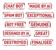 einstellen rot Briefmarken und Text Plaudern bot, Spam bot, außergewöhnlich, echt, Großartig. Vektor Illustration.