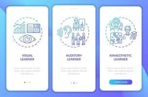 Lernstile Navy Onboarding Mobile App Seitenbildschirm mit Konzepten vektor