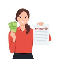 Illustration mit ein Geschäftsfrau halten ein Paar von Papier Rechnungen und genehmigt Brief zum Hypothek oder Investition vektor