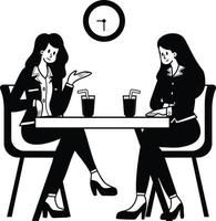 weiblich Büro Arbeitskräfte Sitzung und chatten im ein Kaffee Geschäft Illustration im Gekritzel Stil vektor
