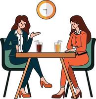 weiblich Büro Arbeitskräfte Sitzung und chatten im ein Kaffee Geschäft Illustration im Gekritzel Stil vektor
