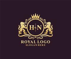 första hn brev lejon kunglig lyx logotyp mall i vektor konst för restaurang, kungligheter, boutique, Kafé, hotell, heraldisk, Smycken, mode och Övrig vektor illustration.