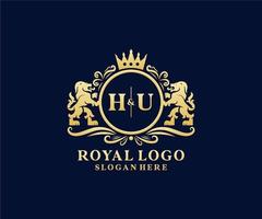 första hu brev lejon kunglig lyx logotyp mall i vektor konst för restaurang, kungligheter, boutique, Kafé, hotell, heraldisk, Smycken, mode och Övrig vektor illustration.