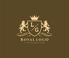 första lg brev lejon kunglig lyx heraldisk, vapen logotyp mall i vektor konst för restaurang, kungligheter, boutique, Kafé, hotell, heraldisk, Smycken, mode och Övrig vektor illustration.