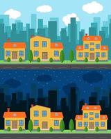 Vektor Stadt mit Karikatur Häuser und Gebäude im das Tag und Nacht. Stadt Raum mit Straße auf eben Stil Hintergrund Konzept.