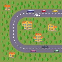Plan des Dorfes. Landschaft mit Straße, grünem Wald, Autos und Häusern. Vektor-Illustration vektor