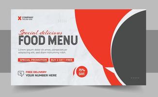 Restaurant Essen Speisekarte Sozial Medien Marketing Netz Banner Design. Pizza, Burger oder Hamburger online Verkauf Beförderung Video Miniaturansicht. schnell Essen Webseite Hintergrund. Essen Flyer mit Logo und Geschäft Symbol vektor