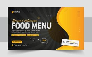 Restaurant Essen Speisekarte Sozial Medien Marketing Netz Banner Design. Pizza, Burger oder Hamburger online Verkauf Beförderung Video Miniaturansicht. schnell Essen Webseite Hintergrund. Essen Flyer mit Logo und Geschäft Symbol vektor