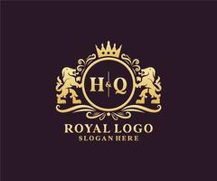första hq brev lejon kunglig lyx logotyp mall i vektor konst för restaurang, kungligheter, boutique, Kafé, hotell, heraldisk, Smycken, mode och Övrig vektor illustration.
