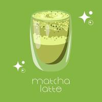 japansk matcha latte, te glas kopp uppsättning på grön bakgrund. matcha latte vektor