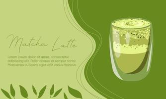 japanisch Matcha Latté, Tee Glas Tasse einstellen auf mibimalistisch Grün Hintergrund. Matcha Latté Banner mit Blätter vektor