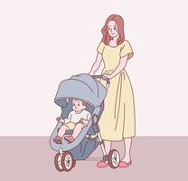 mamman går med sitt barn i en barnvagn. handritade stilvektordesignillustrationer. vektor