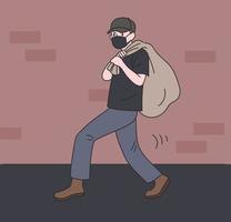 Ein Dieb rennt weg, indem er etwas in einen Sack stiehlt. Hand gezeichnete Art Vektor-Design-Illustrationen. vektor