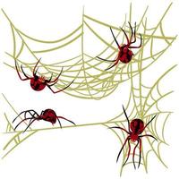 Spinne Netz Hintergrund zum Halloween Gruß Karten auf ein Weiß Hintergrund. ein schwarz und rot Spinne auf ein Gelb Spinnennetz jagt und webt Netze. Spinnen von anders Seiten. gefährlich Spinne und Spinnennetz vektor