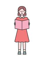Ein Mädchen in einem roten Kleid steht mit einem Buch. flache Designart minimale Vektorillustration. vektor