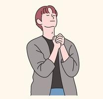 Ein Mann betet mit seinen Händen zusammen. Hand gezeichnete Art Vektor-Design-Illustrationen. vektor