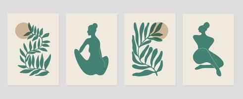einstellen von abstrakt Startseite Hintergrund inspiriert durch Matisse. Pflanzen, Blatt Zweig, nackt weiblich Körper, einfarbig Muster. zeitgenössisch ästhetisch illustriert Design zum Mauer Kunst, Dekoration, drucken, Hintergrund. vektor