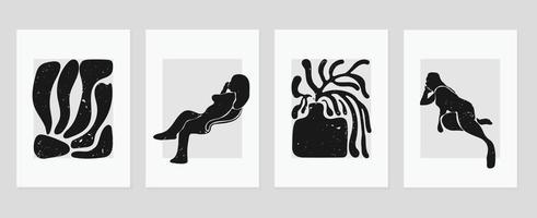 uppsättning av abstrakt omslag bakgrund inspirerad förbi matisse. vas, naken kvinna kropp, blad, svartvit, grunge textur. samtida estetisk illustrerade design för vägg konst, dekoration, skriva ut, tapet. vektor