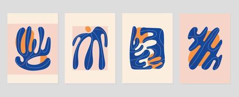 uppsättning av abstrakt omslag bakgrund inspirerad förbi matisse. växter, blad gren, korall, Sol i hand dragen stil. samtida estetisk illustrerade design för vägg konst, dekoration, skriva ut, tapet. vektor