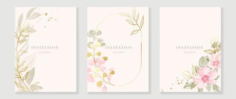 Luxus Hochzeit Einladung Karte Hintergrund Vektor. elegant Aquarell Textur im Rosa Blume, Gold Linie, Gold Grenze. Frühling Blumen- Design Illustration zum Hochzeit und Startseite Vorlage, Banner, einladen. vektor